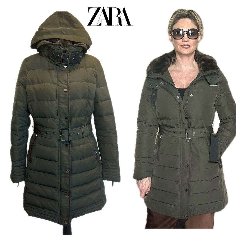 Zara dark olive army green puffer quilted full zip belted hooded coat jacket L